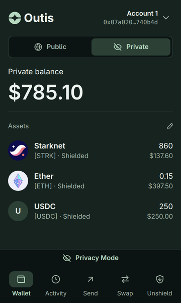 The Outis Chrome extension on its Private tab: a private balance of $785.10 in STRK, ETH and USDC, each marked Shielded.
