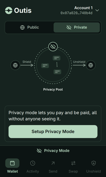 The Private tab before setup: a drawing of the privacy pool, with Shield going in and Unshield coming out, and a Setup Privacy Mode button.